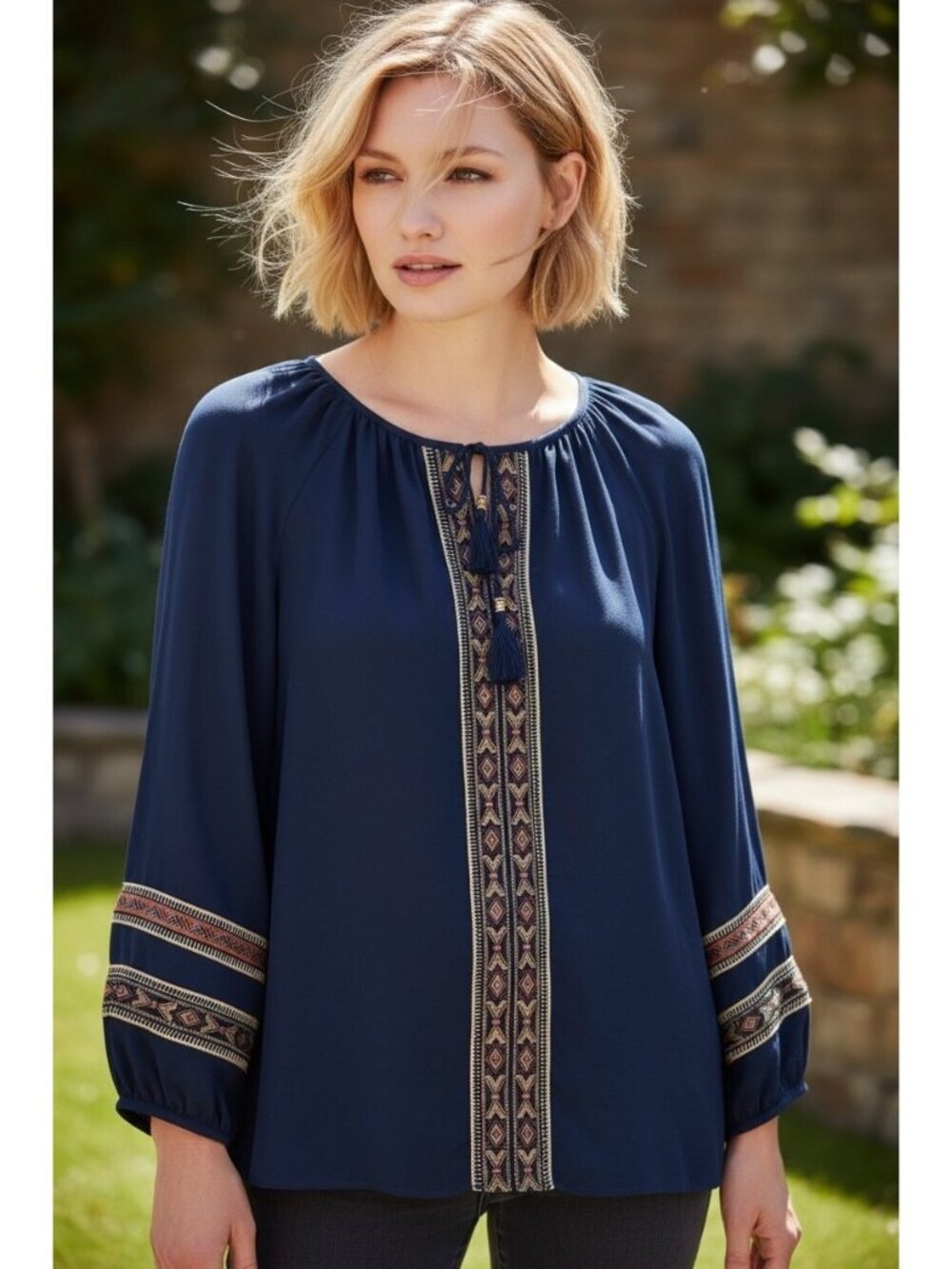 Chico's Navy Embellished Peasant Blouse Women's Size 2/L Tassel Tie Boho Top